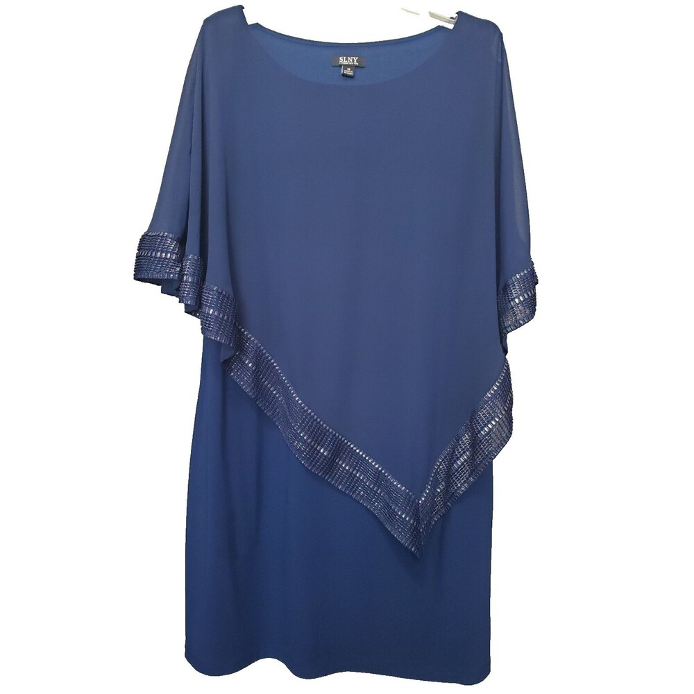 S.L. Fashions Blue Foil Trim Asymmetrical Chiffon & Jersey Popover Cape Dress 18